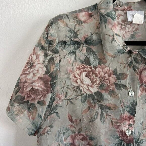 Blair Vintage 90s Women’s Semi Sheer Green Floral Button Front Blouse Size 16P - Picture 10 of 10
